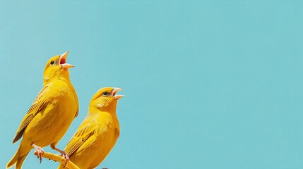 Two bright yellow birds singing against a pale teal sky