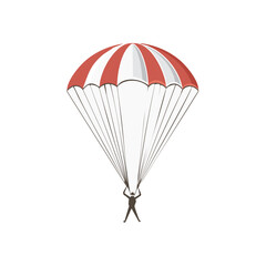 Skydiver descending with a red and white parachute, open canopy, illustration of adventure sport on white
