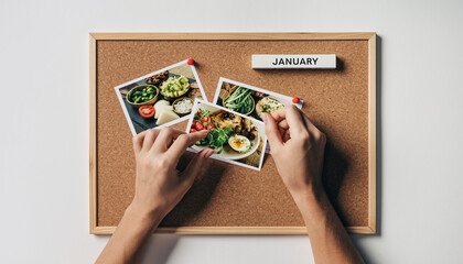 Vision Board Prep. Fitness Resolutions - New Beginnings & Fresh Start. A pair of hands pinning a photo of a healthy meal onto a cork vision board labeled 'JANUARY' set on a white smooth table surface.