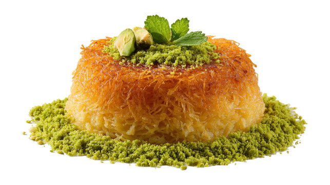 Turkish dessert kunefe, kunafa, kadayif with pistachio powder and cheese hot, eaten a sweet isolated on a white background