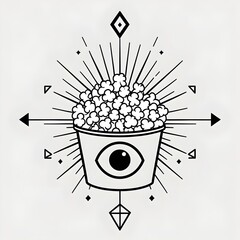 Minimal vector line art popcorn bucket drawn as mystical all seeing eye symbol with radiating rays and geometric shapes for Popcorn Day