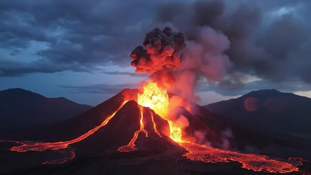 Active volcano erupting at night with glowing lava rivers and smoke plume dramatic natural phenomenon