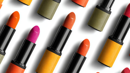 Obraz premium Vibrant Array of Colorful 3D Rendered Lipsticks Scattered on a Clean White Background, Representing Modern Beauty and Fashion Trends