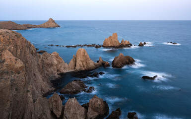 Volcanic rock formations Arrecife de las Sirenas in Cabo de Gata-Nijar Natural Park