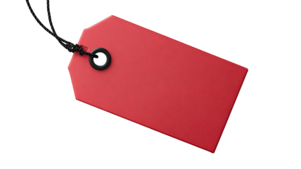 Red label with black string hanging freely showing bold tag shape and clean vibrant product marker on white background