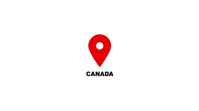 Canada map location pin animation. Canada text up down location pin pointer icon white background, Alpha channel GPS location tracking animation. 4K video.