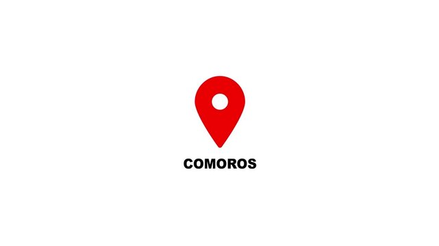 Comoros map location pin animation. Comoros text up down location pin pointer icon white background, Alpha channel GPS location tracking animation. 4K video.