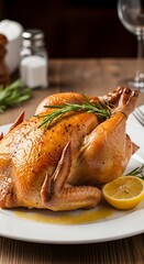 Golden Roasted Chicken with Rosemary and Lemon on White Plate.