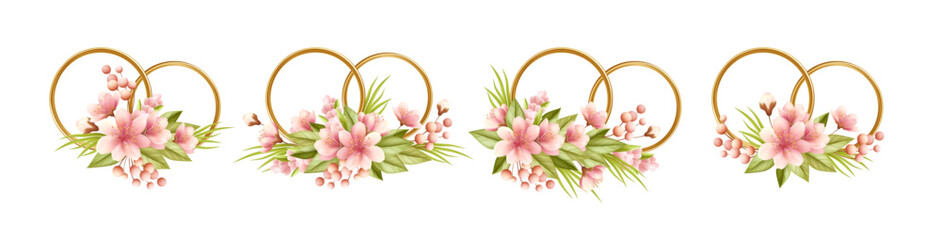 Elegant gold wedding rings with delicate watercolor flowers, perfect for engagement invitations, anniversary cards, or marriage ceremony designs with realistic floral details