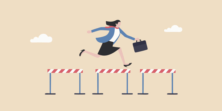 Businesswoman confidently leaps over hurdles representing overcoming challenges in a career