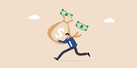 A man is running with a bag of money illustrating financial gain