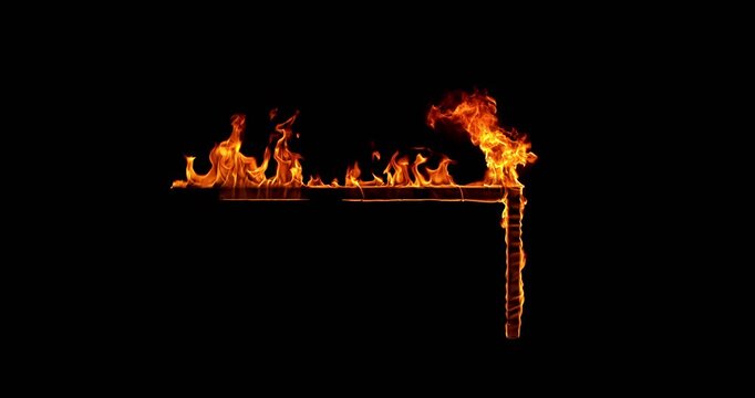 Super slow motion (500fps) shot of a burning wooden beam in L shape isolated on a black background. Detailed fire textures ideal for VFX, compositing, overlays, motion graphics, and cinematic effects.