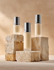 Elegant beauty products on textured stones.