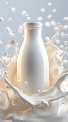 Milk bottle splashing in creamy droplets.