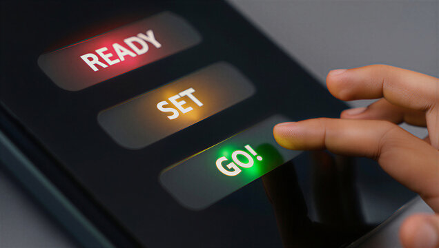 Ready Set Go: Hand Pressing Green GO Button on Digital Screen | Start, Launch, & Action Concept