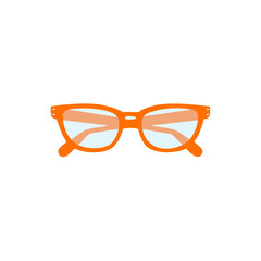 Fototapeta premium Bright orange eyeglasses, clear lenses, eyewear fashion icon, vision correction equipment, trendy plastic frames, spectacles