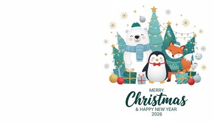 Naklejka premium Festive christmas celebration featuring adorable polar bear penguin and fox surrounded by colorful decorations winter wonderland digital art whimsical viewpoint holiday concept for 2026
