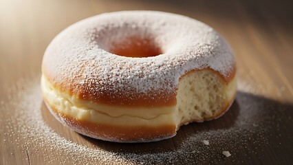“Soft sugar-dusted donut with a fresh bite, warm close-up dessert shot ideal for bakery marketing and sweet snack promotions.