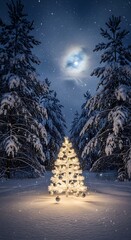 Christmas Tree Glows in Snowy Winter Forest Under Moonlight.