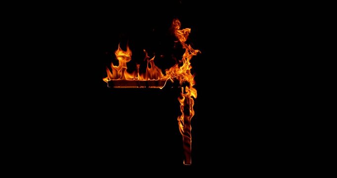 Super slow motion (500fps) shot of a burning wooden beam in L shape isolated on a black background. Detailed fire textures ideal for VFX, compositing, overlays, motion graphics, and cinematic effects.