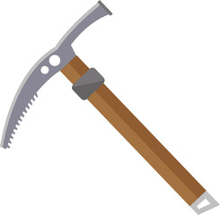 Steel pickaxe with wooden handle rests against white background, ideal for mining or mountaineering illustration.