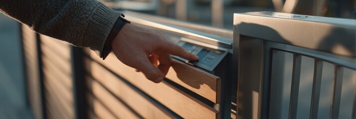 A hand presses the control panel of a modern automated gate as LED strips illuminate the edges. Warm sunset light casts soft shadows on the fence, enhancing the high-tech setup, banner