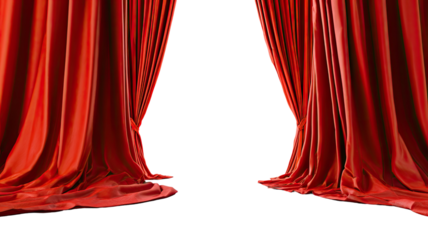Red curtain hanging across classic theater stage creating dramatic atmosphere and rich theatrical ambiance on white background