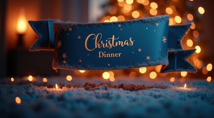 Blue ribbon with a christmas dinner written on it christmas background