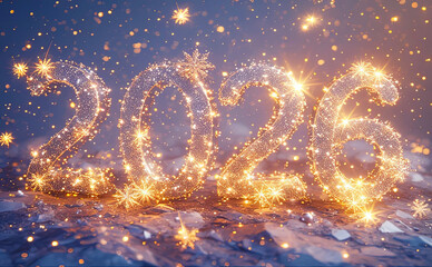 Sparkling Golden 2026 New Year Numerals Crafted from Twinkling Lights and Glitter, Adorned with Snowflakes and Stars on Deep Indigo Background