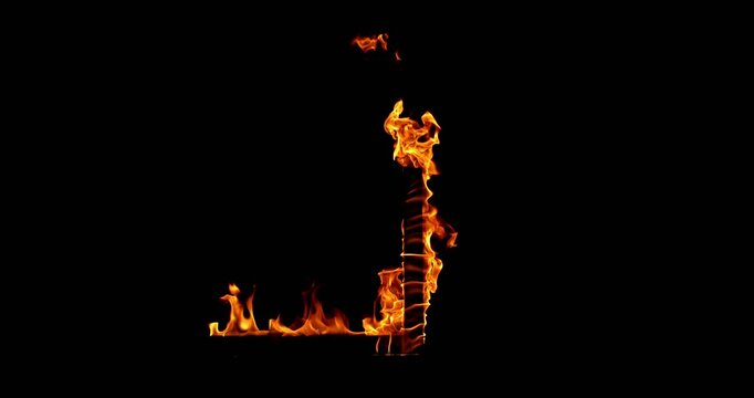 Super slow motion (500fps) shot of a burning wooden beam in L shape isolated on a black background. Detailed fire textures ideal for VFX, compositing, overlays, motion graphics, and cinematic effects.