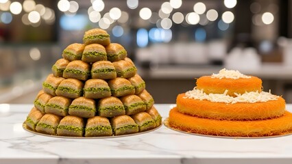 Delicious Middle Eastern Desserts Baklava and Kunafa Sweet Display.