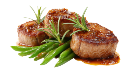 Veal medallions with green beans and Raclette cheese.png, Two grilled beef steaks in the form of a heart with spices for Valentine's day,