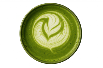 Vibrant green matcha latte with elegant latte art, transparent background