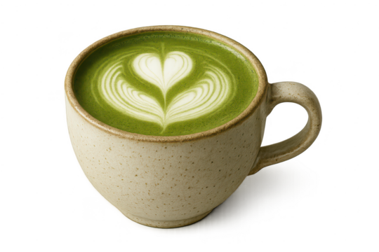 Matcha latte with heart art in speckled cup. Clean transparent background - Powered by Adobe