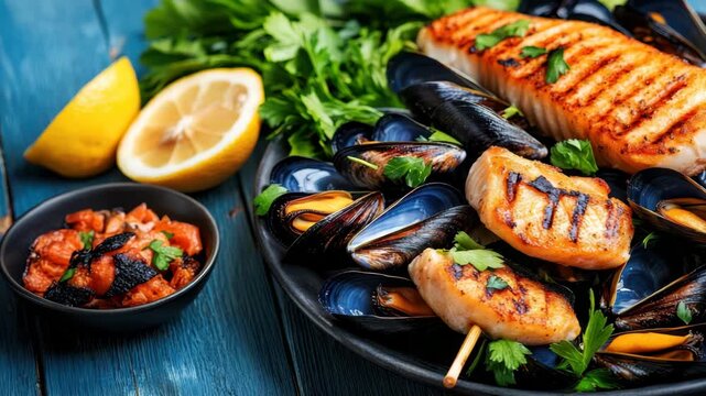 Seafood Culinary Delight: A mouthwatering display of culinary artistry, showcasing grilled salmon, succulent mussels, and fresh parsley.