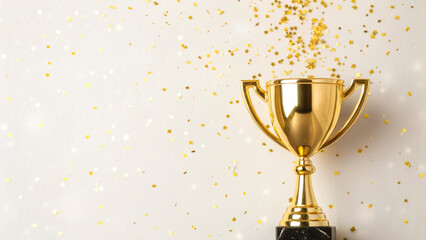 A gold trophy stands on a black base, surrounded by golden confetti falling from above. This scene celebrates the success of a recent competition or event