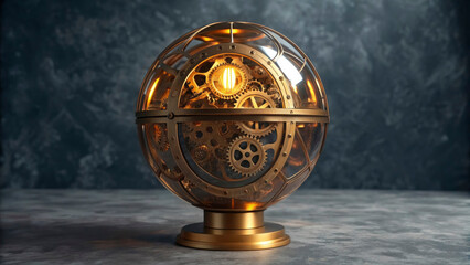 A trophy stands on a table with intricate gears and warm light shining through glass. This design highlights the recognition of success and achievement in a competitive event