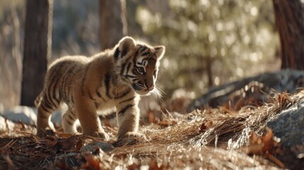 Tiger cub walking in forest