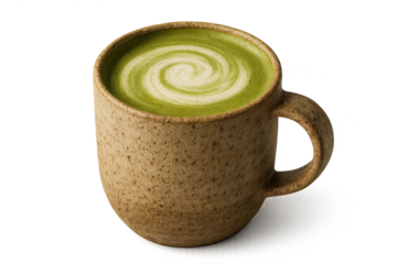 Appetizing matcha latte in a textured ceramic mug on a transparent background