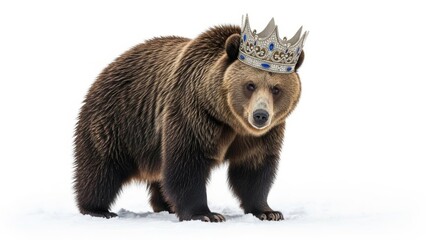 Fototapeta premium bear wearing an ornate crown, queen or king crown, on a white background, animal photo