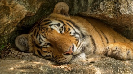 Tiger resting in a rocky alcove