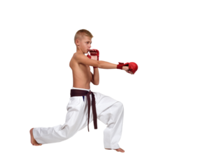 Muscular boy in white kimono with brown belt and red gloves