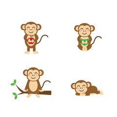 Cute monkey characters set. Adorable cartoon jungle animal holding an apple, reading a book, and sitting on a branch. Funny vector mascot for education or kids.