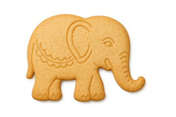 Delicious elephant-shaped cookie, golden brown, presented with a transparent background.