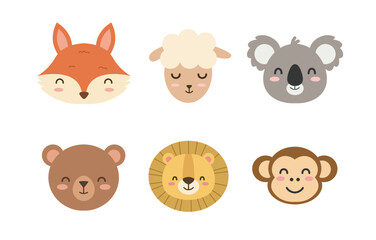 Cute Cartoon Animal Faces Set. Adorable vector illustration of a fox, sheep, koala, bear, lion, and monkey heads. Sweet safari and farm icons for baby design projects.