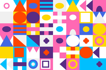 Fototapeta premium Retro abstract geometric pattern with circles, squares, triangles and stripes in pink