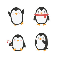 Cute set of cartoon baby penguins. Funny vector characters with a red scarf and candy cane. Adorable Christmas and winter holiday illustration collection.