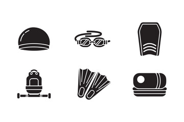 Collection of swimming gear icons in black and white