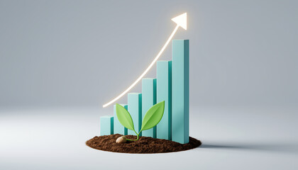 Small seed sprouts in soil, symbolizing growth and progress, with rising bar graph representing success and development. This conveys sense of optimism and potential