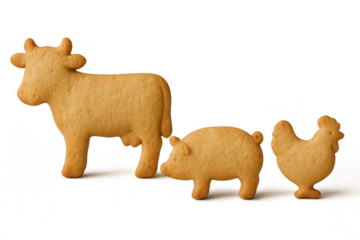 Delicious farm animal cookies: cow, pig, chicken with transparent background.